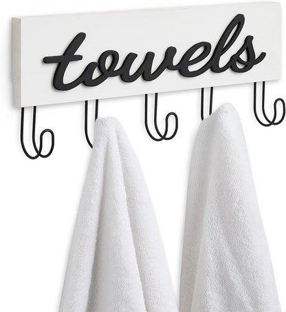 Mkono Wall Mounted Towel Rack, 5 Hooks Rustic Wood Bathroom Towel Hanger | Farmhouse Decor, Space Saving, Decorative Letter Design, Easy Install, Sturdy, Hang Bathrobe clothes, Shower Accessories
