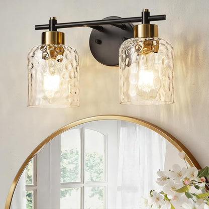 2 Light Black and Brass Vanity Light with Hammered Glass over Mirror Makeup | 13.7" Black and Gold Farmhouse Bathroom Light Fixtures, Vanity Lighting Fixtures, Rustic Vanity Lights for Bathroom Lights