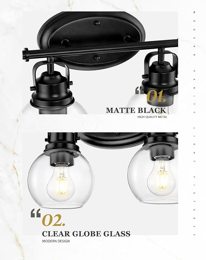 Black Bathroom Light Fixtures, 2-Light 14" Vanity Lights with Clear Globe Glass Shades, Farmhouse Vintage Vanity Lighting Fixtures Over Mirror, E26 Base, AD-2147-2W-BK