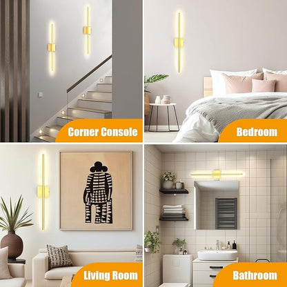 Battery Operated Wall Sconces Set of 2 Rechargeable LED Wall Lights, Dimmable 3000K-6500K, Battery Sconces Wall Decor for Bedroom Living Room Hallwayated Wall Sconce （2 Pack） (Gold, 28 INCH)