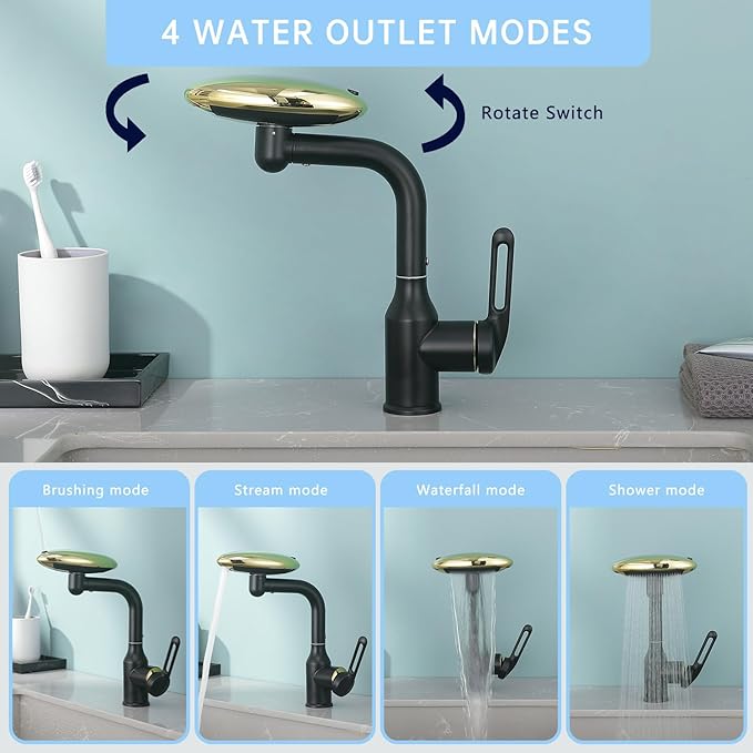 Single Hole Rotatable Bathroom Sink Faucet Black and Gold - 4 Water Modes Multifunctional Faucet with 360° Swivel, Extended Spout & Fountain Mode
