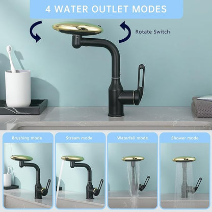 Single Hole Rotatable Bathroom Sink Faucet Black and Gold - 4 Water Modes Multifunctional Faucet with 360° Swivel, Extended Spout & Fountain Mode
