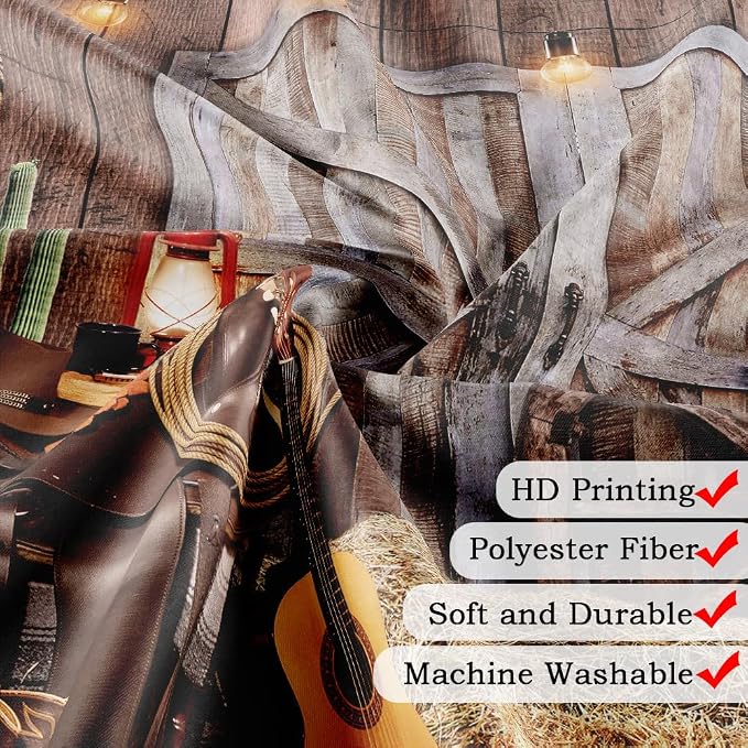 Western Cowboy Shower Curtain with Rustic Barn Door, Farmhouse Country Cactus Shower Curtains for Bathroom, Farm Wooden Vintage Fabric Bathtub Decor Accessories with Hooks, 70X70IN