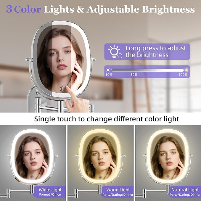 FUNTOUCH 5000mAh Rechargeable Wall Mounted Lighted Makeup Mirror, Chrome | Double Sided 30X/1X Magnifying Mirror Wall Mounted,Extended Arm 360°Rotation,Touch Dimmable,3 Color Lights for Bathroom