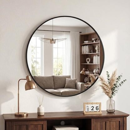 DUMOS 24 Inch Round Wall Mirror, Bathroom Mirrors for Over Sink | Matte Metal Framed Circle Mirror, Wall Decor for Bedroom, Entryway, Anti-Rust, Tempered Glass, Hanging or Leaning, Black