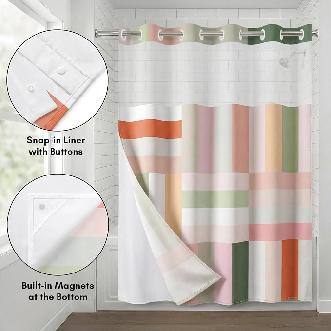 Americanflat 72x75 Hookless Shower Curtain - Water-Resistant Modern Stripe Shower Curtain with Sheer Panel, Snap-In Liner, and Grommets - 100% Polyester - Pink, Sage Green, Terracotta, Peach and White