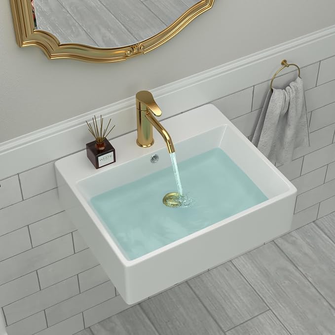 Wall Mounted Bathroom Vessel Sink | Beslend 20''x18'' Rectangle White Porcelain Ceramic Vessel Sink Floating Art Basin with Faucet Hole and Overflow