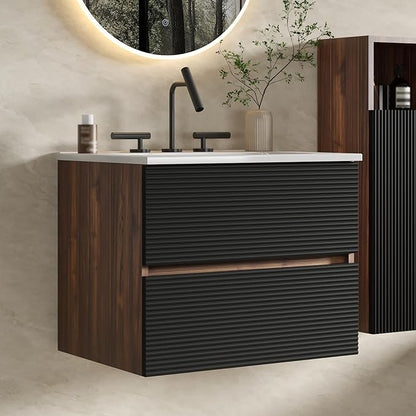 24" Floating Bathroom Vanity with Sink, Modern Wall Mounted Floating Vanity with Ceramic Sink, Double Soft-Close Drawers for Small Space, Apartment, Walnut+Black