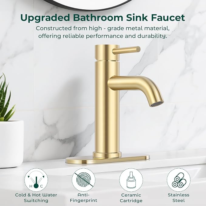Bathroom Faucet, Single Handle Vanity Sink Faucet, Brushed Gold | Brushed Gold, for 1/3-Hole, Stainless Steel, Ceramic Cartridge, Pop-Up Drain, Deck Plate, For Vanity Powder Laundry