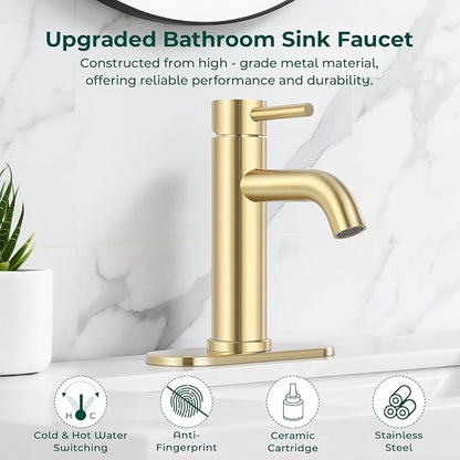 Bathroom Faucet, Single Handle Vanity Sink Faucet, Brushed Gold | Brushed Gold, for 1/3-Hole, Stainless Steel, Ceramic Cartridge, Pop-Up Drain, Deck Plate, For Vanity Powder Laundry