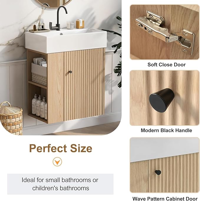 21.6 in Floating Bathroom Vanity with Sink,Soft Closing Doors,Solid Wood Frame & MDF Modern Single Small Natural Wood Bathroom Vanity Cabinet with Open Shelf,Wall Mounted
