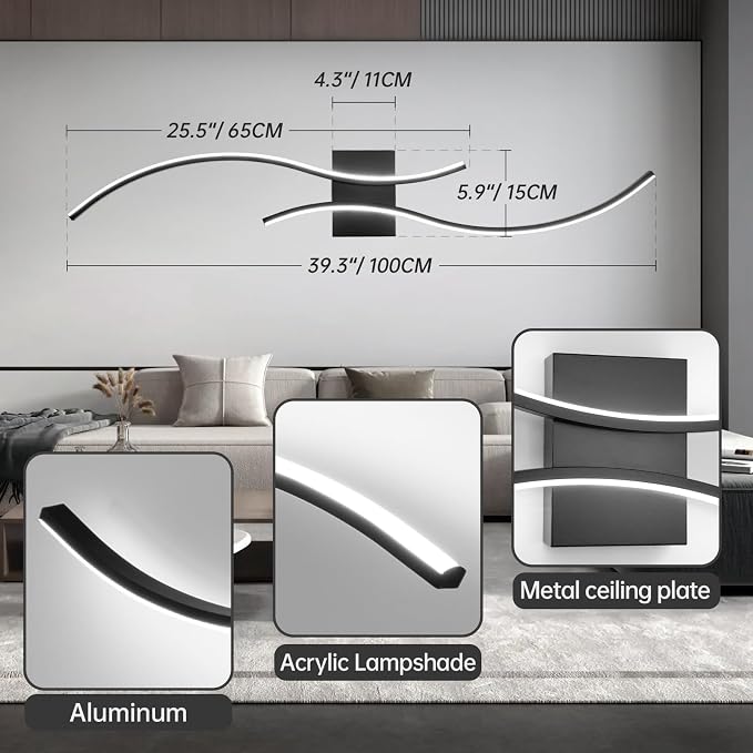 CANEOE Modern Led Wall Light, 39inch Black Indoor Led Wall Sconce Lighting, Bathroom Vanity Light Fixtures Over Mirror for Living Room Hallway Bedroom Bedside Wall Lamp (Cool White, 6000K)