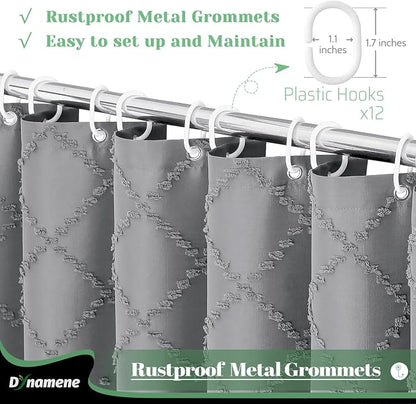 Extra Long Boho Shower Curtain Tufted Geometric 72"x96" Grey | 96 Inch Tall, Elegant Tassel, Lightweight Textured Fabric, Water Repellent, Washable, Hotel Spa, for Bathroom/Dorm 12 Hooks