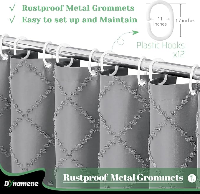 Extra Long Boho Fabric Shower Curtain Tufted Geometric 72x84 Grey | 84 Inch Tall, Elegant Tassel, Lightweight Textured Fabric, Water Repellent, Washable, Hotel Spa, for Bathroom/Dorm 12 Hooks