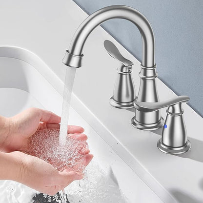 Bathroom Faucets for Sink 3 Hole, 4 Inch Brushed Nickel Faucet Bathroom with 2 Hot/Cold Handles, Pop-Up Drain, Lead-Free, No-Leak, RV Sink Faucet for Bath, Camper
