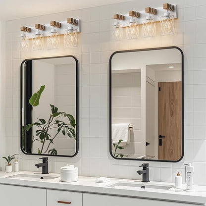 IZORRO Farmhouse Bathroom Vanity Light, 4-Light Wood Bathroom Light Fixtures Over Mirror, Matte White Industrial Vanity Lights with Metal Shade, Rustic Restroom Lighting Fixtures