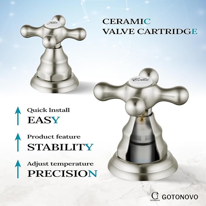gotonovo Bathroom Faucet 3 Hole 8 Inch Widespread Bathroom Sink Faucet 2 Cross Handles Vintage Lavatory Vanity Mixer Tap with Pop Up Drain, Round Font Label, Brushed Nickel
