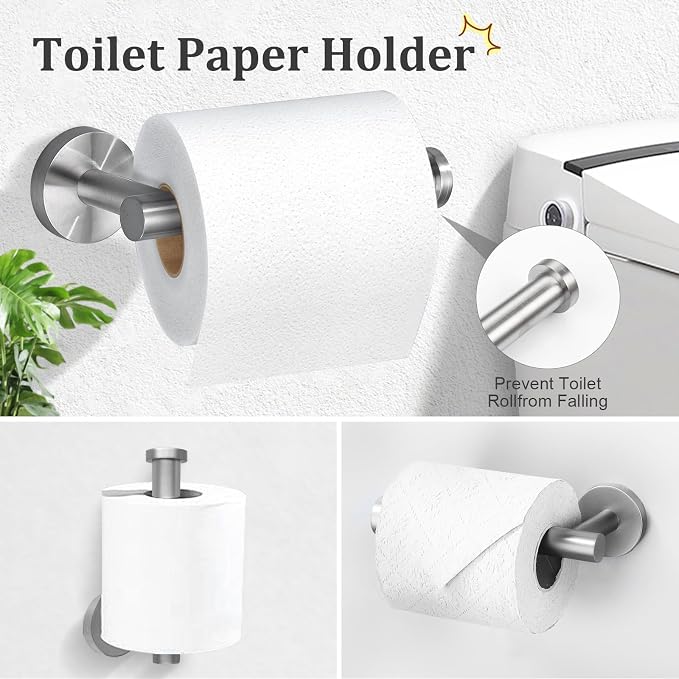 TURS Brushed Steel Towel Ring Toilet Paper Holder Towel Hooks 4-Pieces Bathroom Towel Holder Set SUS304 Stainless Steel Bathroom Accessories Kit Wall Mounted