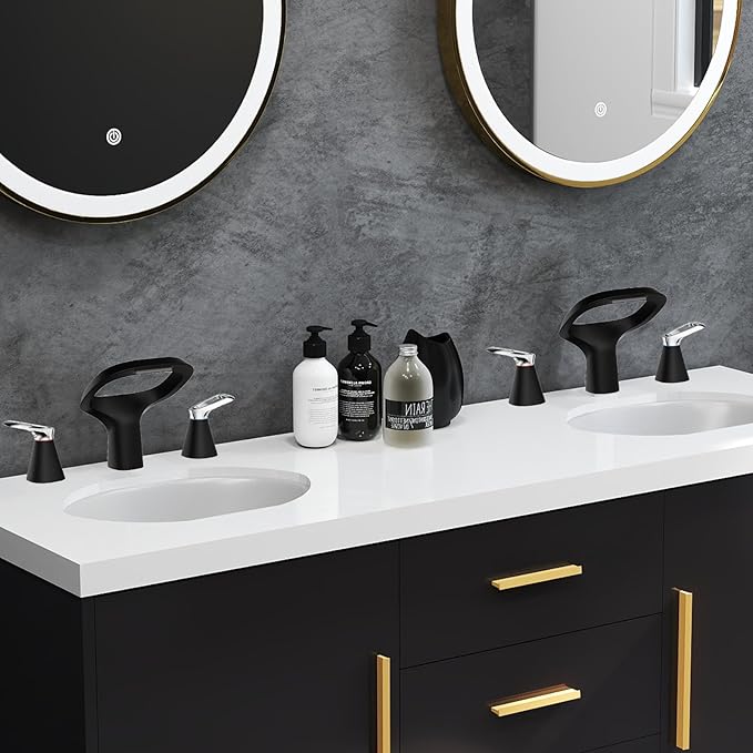Black Bathroom Faucets for Sink 3 Hole, 8 Inch Modern Bathroom Faucet with Adjustable Spout, Solid Brass Widespread Sink Faucet with Water Supply Hoses, 2 Chrome Handles