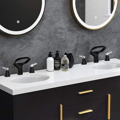 Black Bathroom Faucets for Sink 3 Hole, 8 Inch Modern Bathroom Faucet with Adjustable Spout, Solid Brass Widespread Sink Faucet with Water Supply Hoses, 2 Chrome Handles