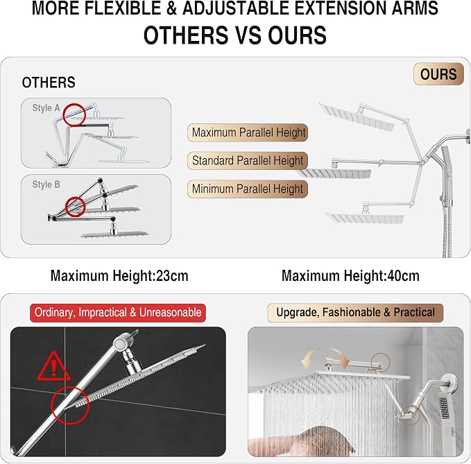 All Metal 12 Inch Rain Shower Head with Handheld Built-in Power Wash Mode, High Pressure Waterfall Rainfall Square Shower Heads with 16" Adjustable Extension Arm, Dual Showerhead(Brushed Nickel)