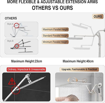 All Metal 12 Inch Rain Shower Head with Handheld Built-in Power Wash Mode, High Pressure Waterfall Rainfall Square Shower Heads with 16" Adjustable Extension Arm, Dual Showerhead(Brushed Nickel)