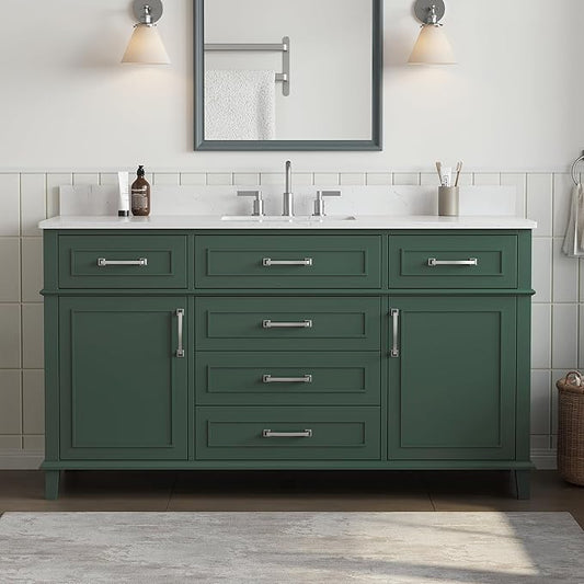 60 Inch Green Bathroom Vanity Single Sink, Fully Assembled Bathroom Vanities with Soft Closing Doors & Dovetail Drawers, Solid Wood Vanity Bathroom, 60 Inch Vanity Single Sink