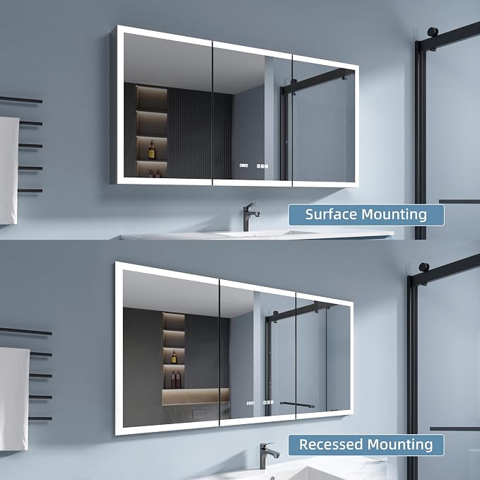 LED Medicine Cabinet 48x30 Anti-Fog Mirror Dimmable Recessed Mount | 3 Color Dimmable LED. Time Temp Display. Anti-Fog IP44. 2 Outlets+2 USB. Plug-in/Hardwired. Recessed/Wall Mount