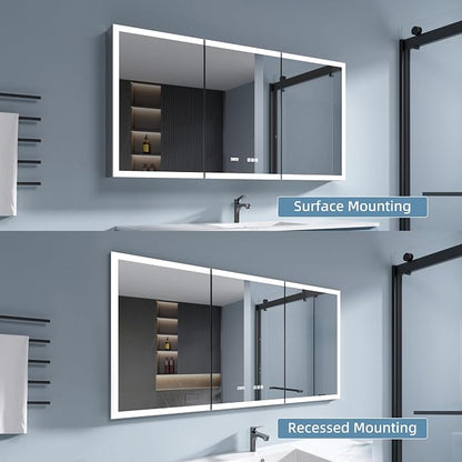 LED Medicine Cabinet 48x30 Anti-Fog Mirror Dimmable Recessed Mount | 3 Color Dimmable LED. Time Temp Display. Anti-Fog IP44. 2 Outlets+2 USB. Plug-in/Hardwired. Recessed/Wall Mount