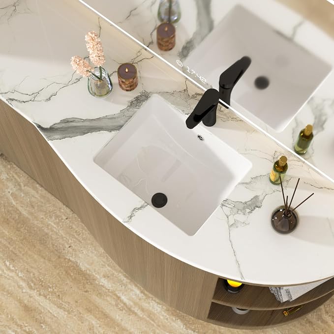 White Undermount Bathroom Sink 18"x14"Ceramic Basin | Modern Porcelain Under Counter Bathroom Vanity Sink, Interior Bowl 16.3"x 16.9", Rectangular Undermount Basin with Overflow