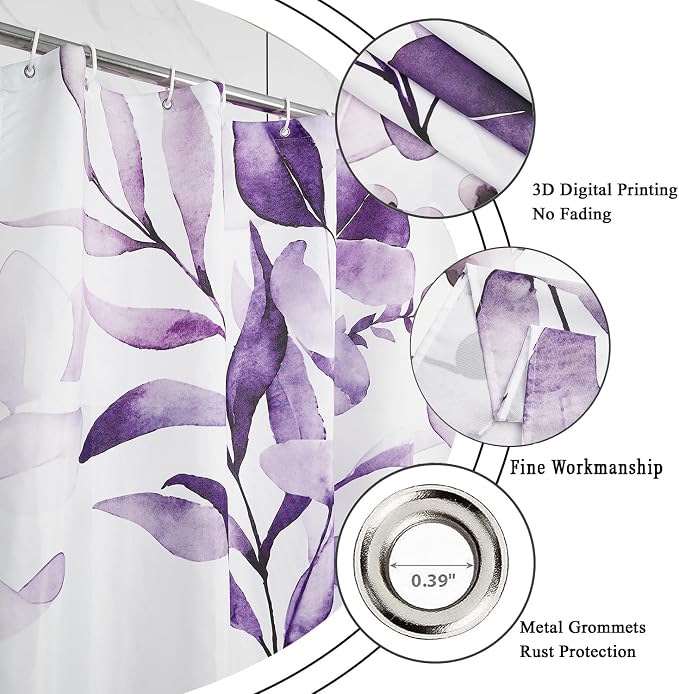 Purple Shower Curtain, Watercolor Eucalyptus Leaves Botanical Plants with Floral Bathroom Curtain Home Bathtub Decor Waterproof Fabric Machine Washable with 12 PCS Hooks,65" Wx72 L