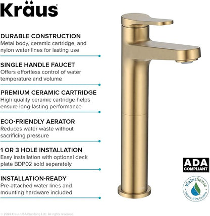 KRAUS Indy Bathroom Faucet for Vessel Sink in Spot-Free Brushed Brass with Single Handle, Pop Up Drain and Supply Lines, KVF-1410SFBB