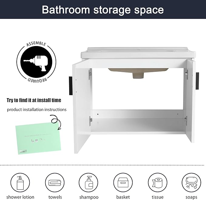 Malwee 28" Floating Bathroom Vanity with Sink, 28 Inch Single Sink Wall Mounted Bathroom Vanity, with 2 Doors and White Ceramic Basin Top, White Cabinet Set with 3 Color Handles(081-28)