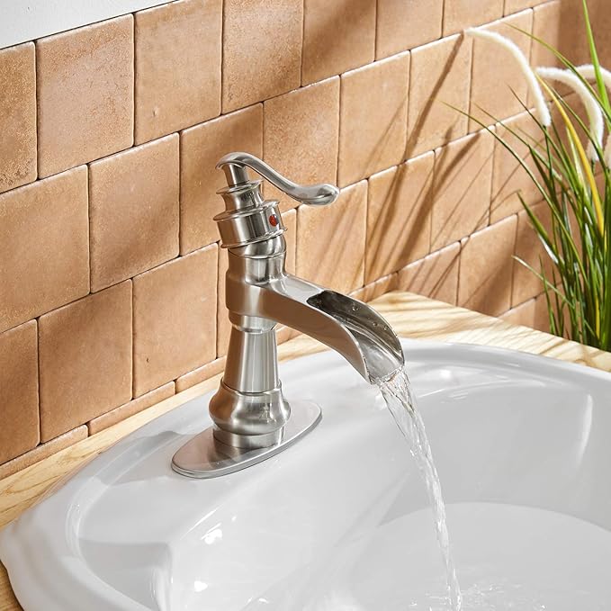 BWE Waterfall Bathroom Faucet Brushed Nickel with Pop Up Drain Parts Assembly and Supply Hose Rv Single-Handle Single Hole Vanity Lavatory Sink Commercial