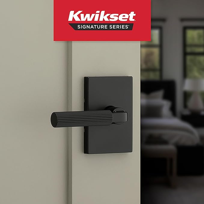 Kwikset Mirada Reeded Interior Privacy Door Handle with Lock, Handle for Bathroom and Bedroom, Matte Black, Reversible Keyless Push Button Lock, with Microban Protection