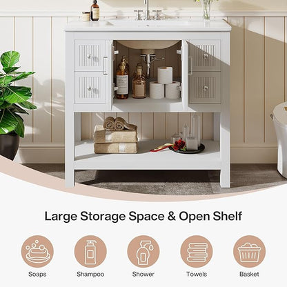 Tribesigns 36" Modern Bathroom Vanity with Sink, Freestanding Bathroom Vanities Cabinet Combo, Bathroom Sink Cabinet with 2 Doors and 1 Drawer, Solid Wooden Frame, White