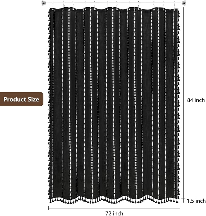 Seenus 72 x 84 inch Extra Long Boho Chic Shower Curtain Heavyweight with Tassels, Black and White Linen Textured Fabric Farmhouse Shower Curtain, Elegant White Striped Bathroom Curtain Water Repellent