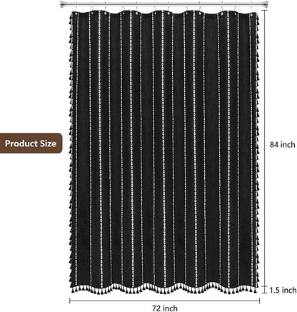 Seenus 72 x 84 inch Extra Long Boho Chic Shower Curtain Heavyweight with Tassels, Black and White Linen Textured Fabric Farmhouse Shower Curtain, Elegant White Striped Bathroom Curtain Water Repellent