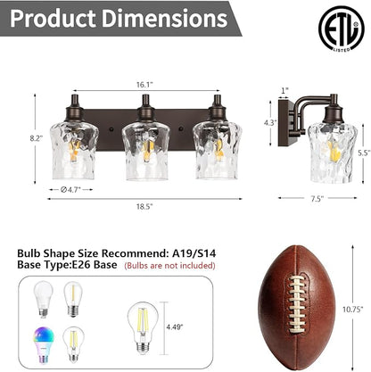 Bathroom Light Fixtures Farmhouse Oil Rubbed Bronze Vanity Lights for Bathroom Lighting Fixtures Over Mirror with Hammered Glass Lampshade for Cabinet Mirror Bedroom Hallway 3 Light