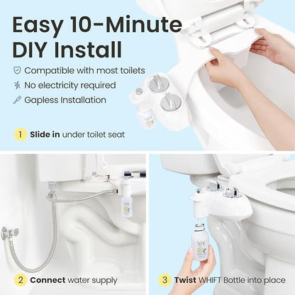 LUXE Bidet WHIFT 120 Bidet - Deodorizing EZ-Lift Bidet Attachment, Chrome | Non-Electric, Built-In Deodorizing Spray, Cold Water, Lemon Refill Included, Patented Easy Slide-In Install, Rear Wash