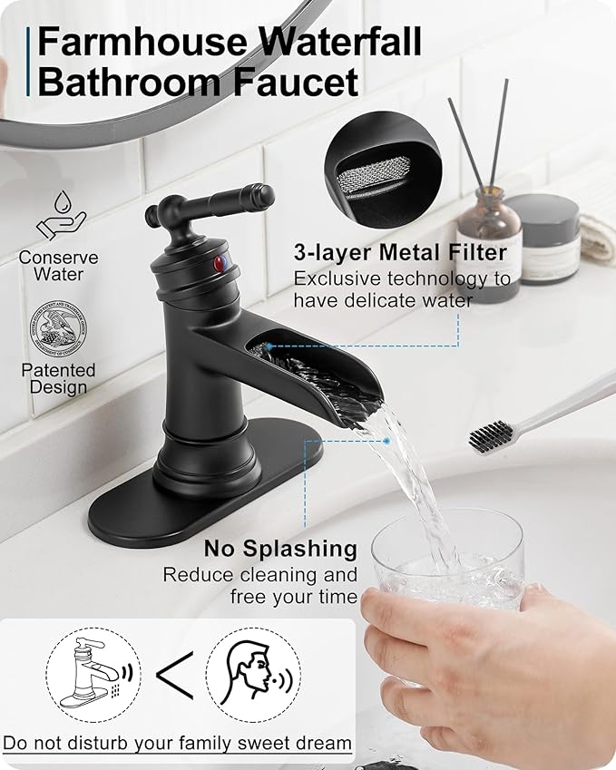 Waterfall Bathroom Faucet Black, Brass 1 Hole Bathroom Faucets Single Handle, 3 Holes 4 Inch with Pop-up Drain, Deck Plate & Supply Hoses for Vanity Lavatory RV, 5 Mins Quick Installation