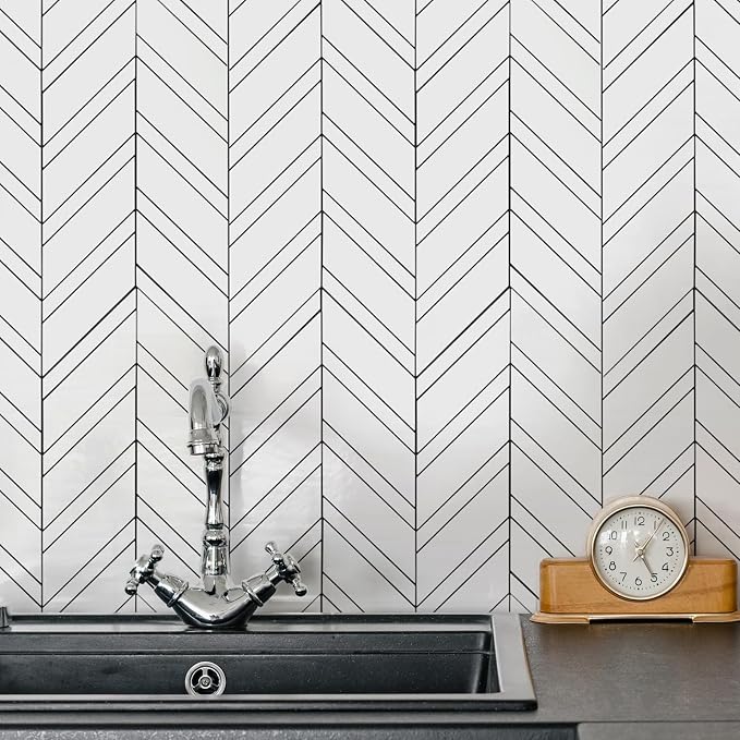 Yipscazo 10-Sheet Herringbone Backsplash Peel and Stick Tile, Polished White PVC Stick on Backsplash for Kitchen, Waterproof Self Adhesive Wall Tile for Bathroom