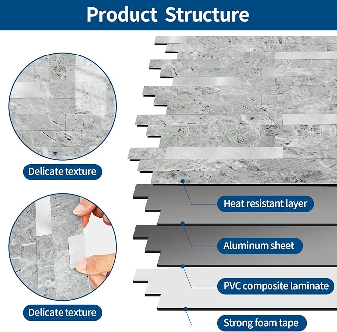 Yipscazo 20 Sheets Peel and Stick Stone Metal Tile Backsplash, Stick on Tiles for Backsplash Kitchen, Bathroom, Laundry Room, Camper, Fireplace (12'' X 12'', Polished Gray)