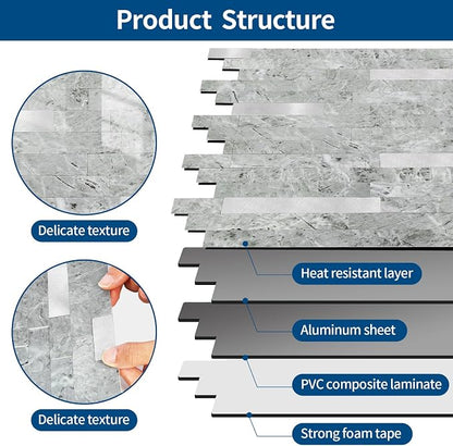 Yipscazo 20 Sheets Peel and Stick Stone Metal Tile Backsplash, Stick on Tiles for Backsplash Kitchen, Bathroom, Laundry Room, Camper, Fireplace (12'' X 12'', Polished Gray)