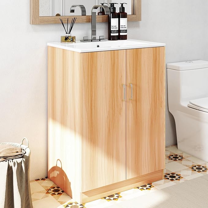 DUMOS 24 Inch Bathroom Vanity with Sink, Modern Bathroom Storage Cabinet | Freestanding Ceramic Basin Undermount Combo with 2 Doors and 1 Inner Drawer No Faucet, Classic Wood