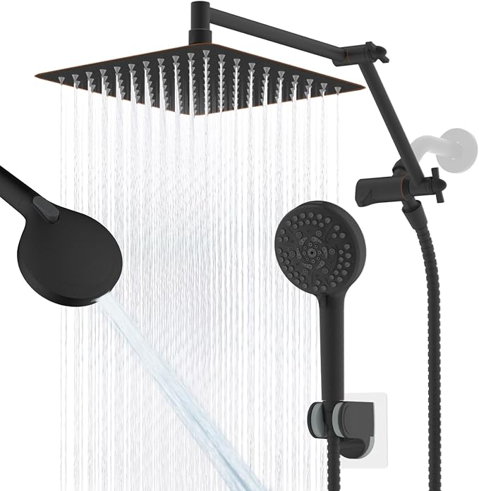 Metal 10" Rain Shower Head with Handheld, High-Pressure Showerhead,10-Mode | Oil Rubbed Bronze, Rainfall Shower Head with 5" Large Handheld, Adjustable 16" Shower Extension Arm/71" Hose, 3-Way Diverter