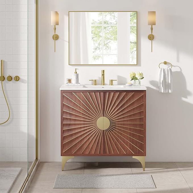 Modway Daylight Bathroom Vanity Cabinet with Ceramic Sink Basin, 36 Inch, White Walnut