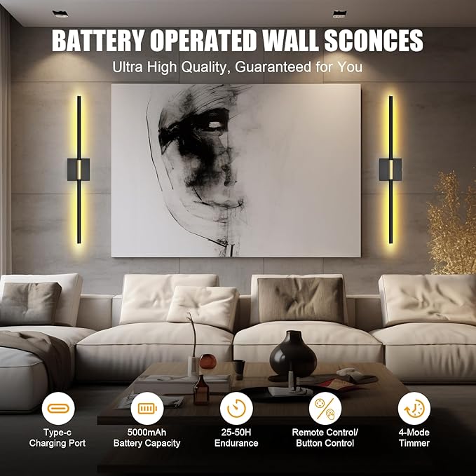 Battery Operated Wall Sconces Set of 2 Rechargeable LED Wall Lights, Dimmable 3000K-6500K, Battery Sconces Wall Decor for Bedroom Living Room Hallwayated Wall Sconce （2 Pack）