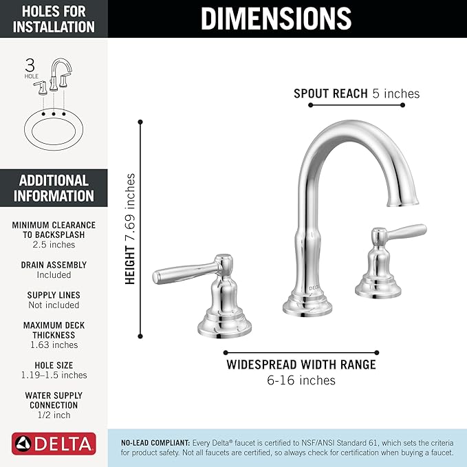 Delta Roe Chrome Bathroom Faucet 3 Hole, 8 Inch Widespread Bathroom Sink Faucet for Vanity, Push-Pop Drain Assembly, Chrome 35985LF