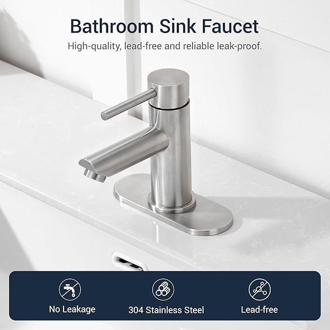Brushed Nickel Bathroom Sink Faucets Single Hole Single Handle Stainless Steel Bathroom Faucet RV Faucet Deck Mount 1 Hole or 3 Holes with Pop-up Drains with Overflow